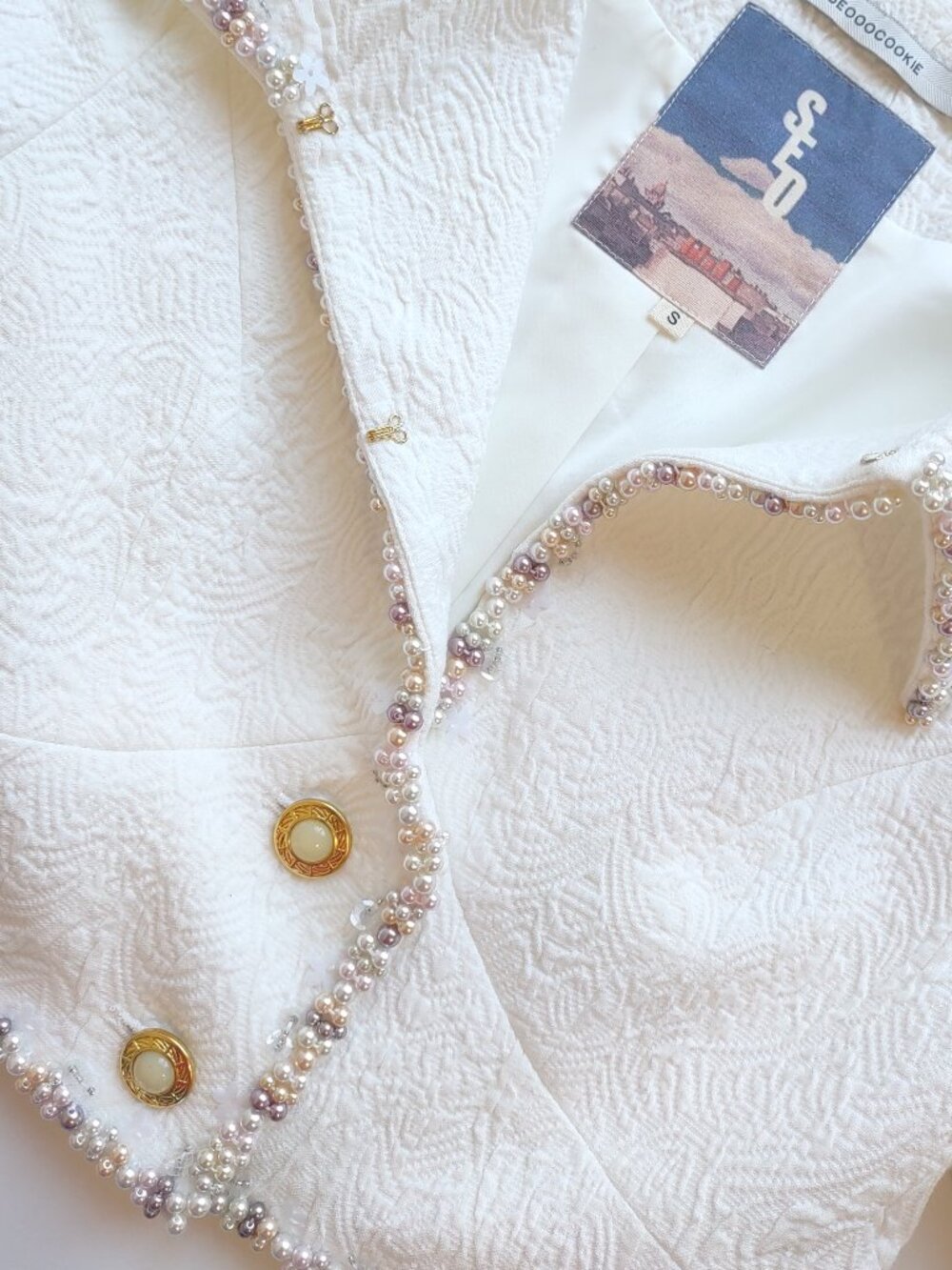Seooocookie Maria Handmade Pearl Jacket Size Small Crop Cream Feminine K-Fashion - Picture 5 of 11